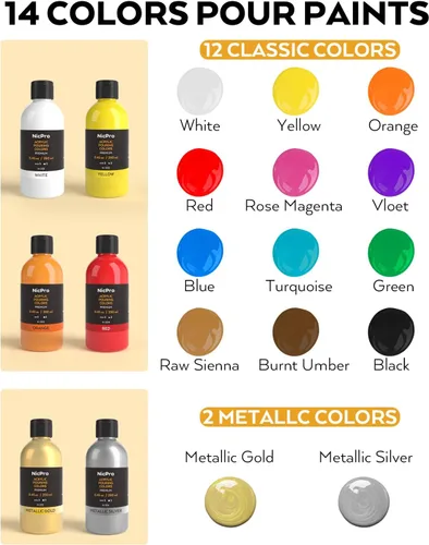 Vista 5 de Nicpro Kit de suministros de pintura acrílica de 14 colores, 8.45 onzas, gran volumen premezclado, juego a granel de pintura de alto flujo