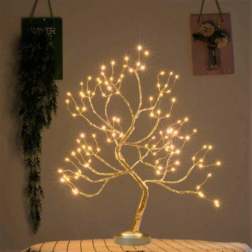 Vista 3 de Luz de árbol de bonsái dorada mate de 20 pulgadas, lámpara de mesa de árbol de luz de hadas artificial, ocho modos de iluminación, funciona con USB