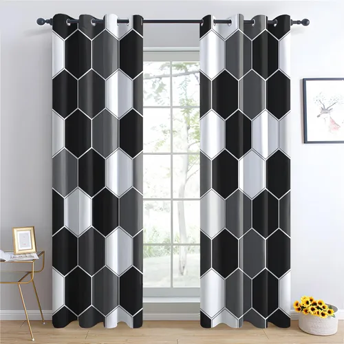 Vista 2 de Cortinas hexagonales blancas y negras, cortinas opacas geométricas para dormitorio, cortinas de ventana modernas, cortinas abstractas llamativas