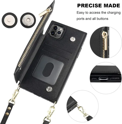 Vista 6 de Bocasal Funda tipo cartera cruzada para iPhone 11 Pro con tarjetero, protector de ranura para tarjetas con cremallera, a prueba de golpes, con Negro