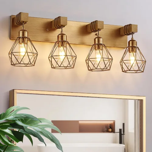 Vista 11 de Lámparas blancas para tocador de baño, luminarias de baño de madera de 2 luces sobre el espejo, apliques rústicos de pared con elegante pantalla