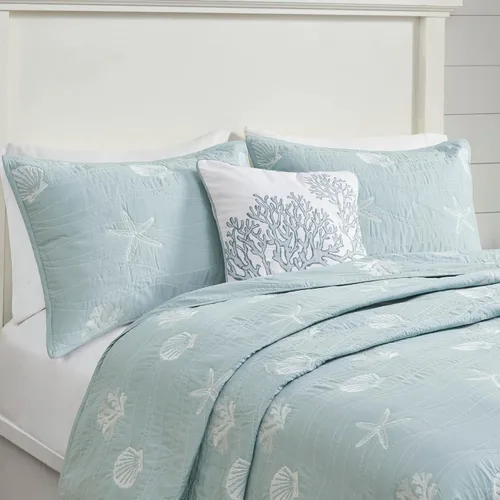 Vista 4 de Harbor House Seaside - Juego de edredón reversible de algodón con diseño de almeja costera, estrellas de mar, bordado de coral, para todas