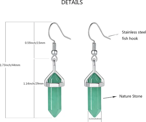 Vista 6 de Juego de aretes de cristales curativos para mujeres y niñas, puntos hexagonales, piedras de cuarzo natural real, aretes colgantes con gancho
