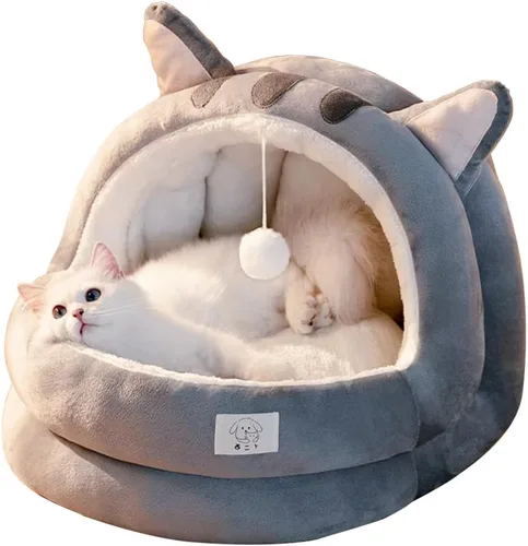 Vista 9 de Bonita cama para gatos, cama interior para gatos con cojín extraíble, casa de campaña de felpa para mascotas, diseño de orejas de dibujos animados