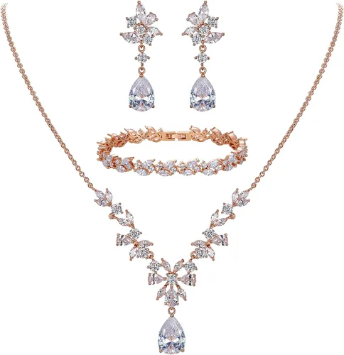 Vista 14 de Wedding Cubic Zirconia Teardrop Necklace Earrings Bracelet Sets for Brides Collar de oro 02-14K+Pendientes+Pulsera