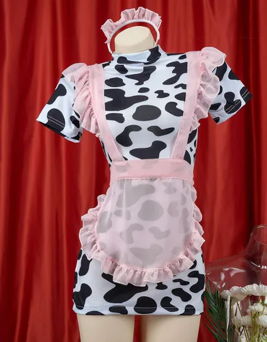 Vista 2 de haikyuu Disfraz de cosplay de sirvienta de vaca para mujer con delantal de Halloween