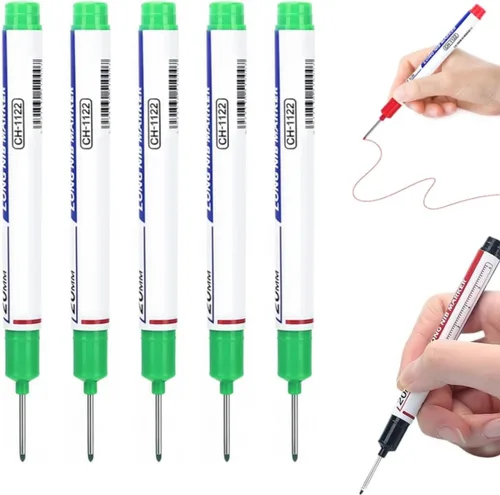 Vista 12 de 5 Pack Long Head Deep Hole Marker Pens, 2026 New 20mm Deep Reach Waterproof Construction Marking Tool, Carpenter Ink Marker Pens Metal Marking Pen