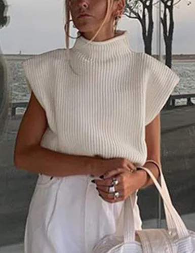 Vista 2 de Himosyber - Suéter de punto, unicolor y sin mangas para mujeres, chaleco elegante y elástico con cuello alto, manga casquillo