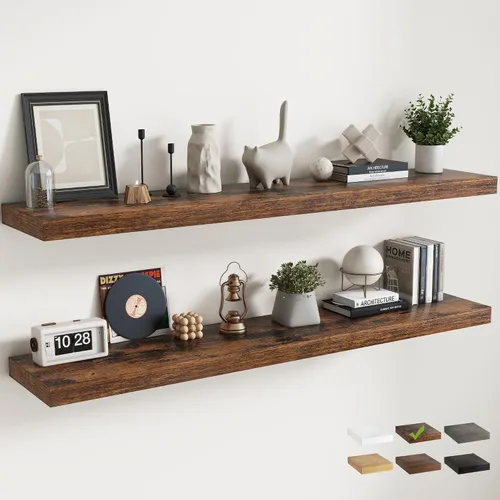 Vista 17 de Juego de 2 estantes flotantes de 16 pulgadas para pared, estantes de baño de grano de madera de 12 pulgadas de profundidad con soportes invisibles