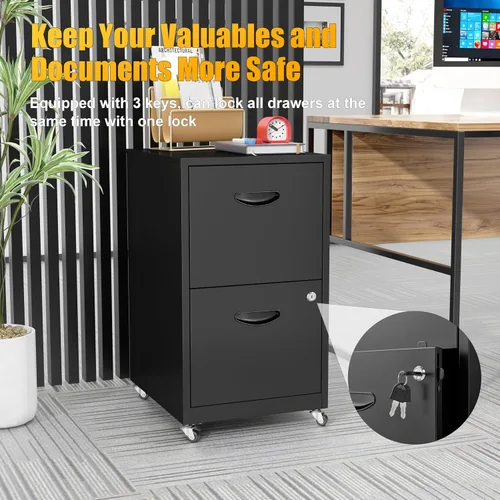 Vista 6 de Archivador móvil de 2 cajones con cerradura, archivadores de metal con ruedas, gabinete de almacenamiento enrollable negro, archivador vertical