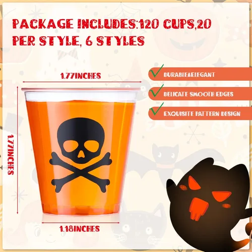Vista 3 de Mumufy 120 vasos de chupito de plástico de Halloween de 1.69 onzas desechables para fiestas, vasos de calabaza y fantasmas, muestra clara, tazas