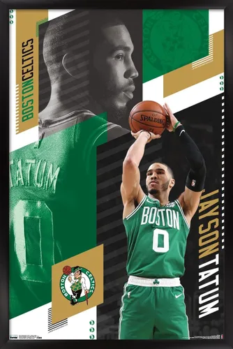 Vista 8 de Trends International NBA Boston Celtics - Póster de pared de Jayson Tatum 19, 14.725 x 22.375 pulgadas, versión enmarcada de madera de granero