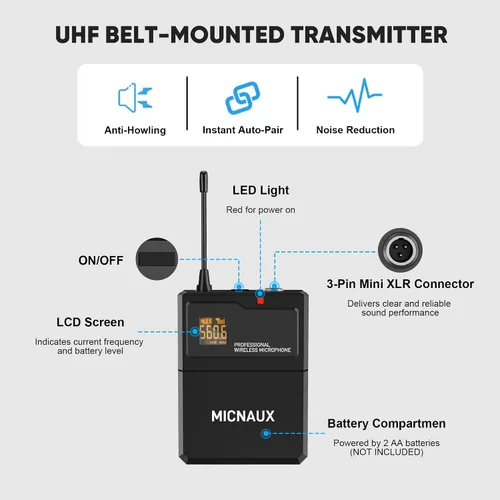 Vista 3 de Sistema de micrófono inalámbrico de solapa con auriculares y micrófonos Lavalier, juego de micrófonos UHF Pro de 4 canales con transmisor de paquete