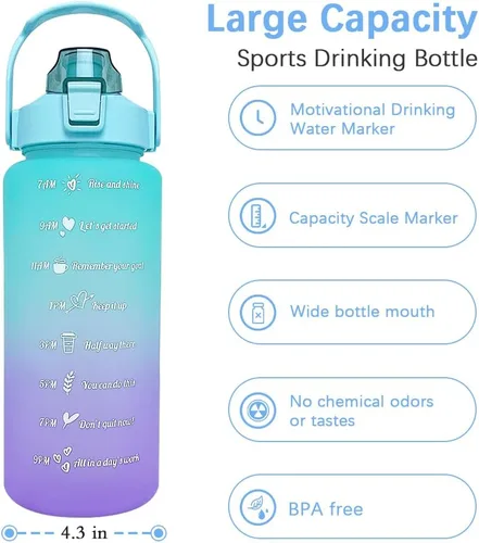 Vista 2 de Botella de agua de gran capacidad de 64 onzas con marcadores de tiempo motivacionales y pajilla, portátil, a prueba de fugas, sin BPA para fitness