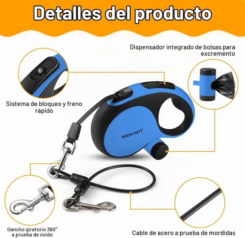 Vista 3 de Correa retráctil para perros de 26 pies con cable a prueba