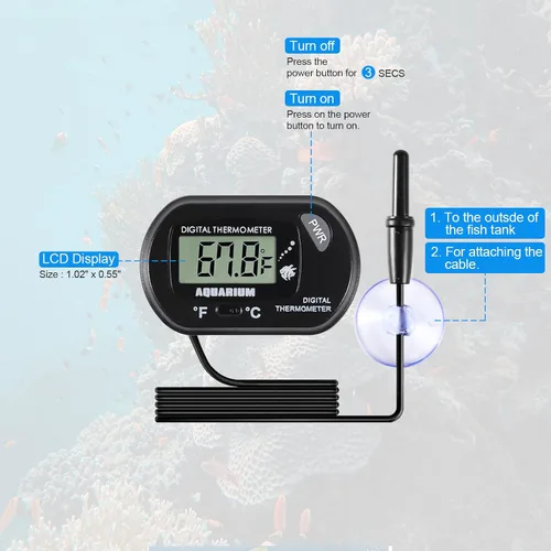 Vista 3 de Termómetro de acuario LCD digital para pecera, con sonda de sensor resistente al agua y ventosa para incubadoras de tortugas, termómetro de agua
