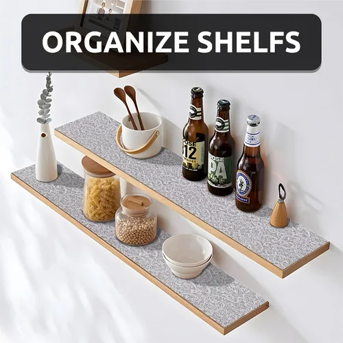 Vista 4 de Revestimiento de estante de 12 x 120 pulgadas con tijeras y cinta métrica para armarios de cocina, forro de cajón de PVC para tocador de baño, Negro