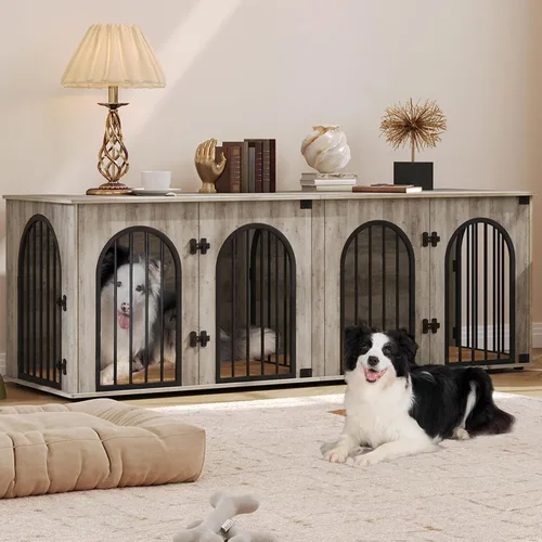 Vista 17 de Hzuaneri 63" Mueble de jaula para perros para 2 perros, jaula de perro interior resistente con soporte para TV, jaula de madera para perros L