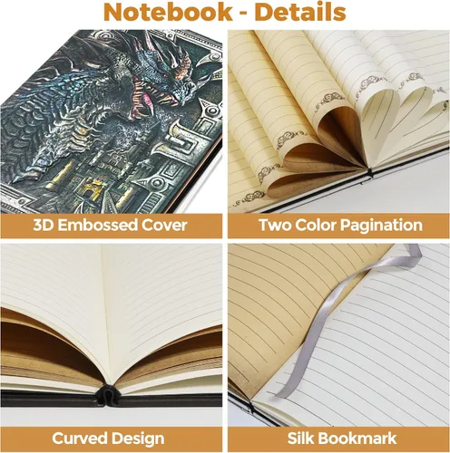 Vista 5 de DND - Cuaderno de diario de mazmorras y dragones, diario de cuero en relieve 3D con papel rayado, accesorios DND, regalos DND para mujeres, hombres