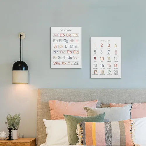 Vista 6 de HRQKO Juego de lienzo de arte de pared del alfabeto y números para guardería de 2 piezas, arte enmarcado para decoración de habitación de niños
