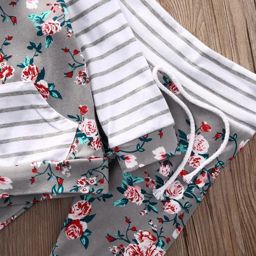 Vista 5 de Conjunto de dos piezas con sudadera de flores, con capucha, bolsillo y pantalones a rayas, para bebé (niña), 0-6 meses, gris