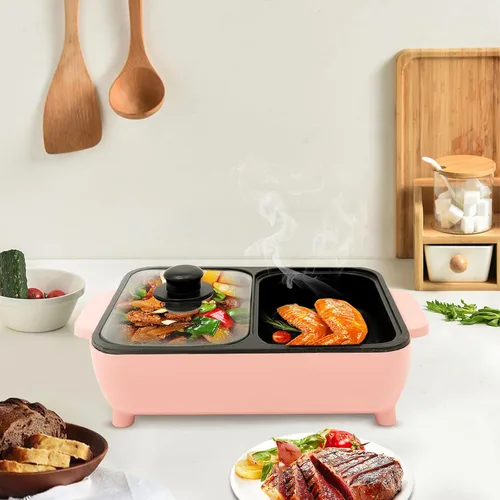 Vista 8 de Olla caliente eléctrica de 1200 W con parrilla, 2 en 1 antiadherente mini Shabu Shabu barbacoa sartén de 110 V olla de cocina de mesa con doble