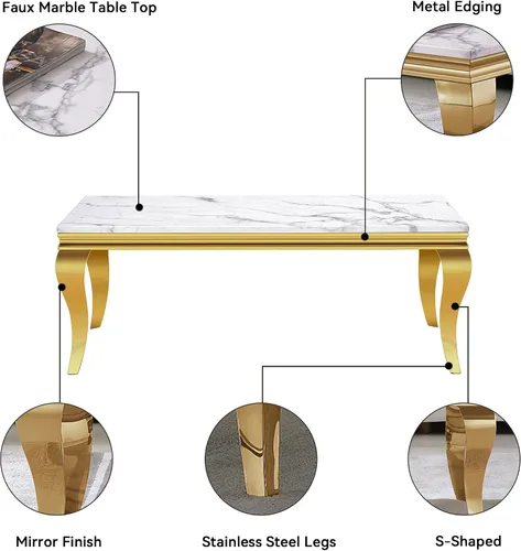 Vista 4 de Mesa de centro moderna, mesa central rectangular de mármol sintético blanco de 47 pulgadas, mesa de té de cóctel con acabado espejo dorado, base