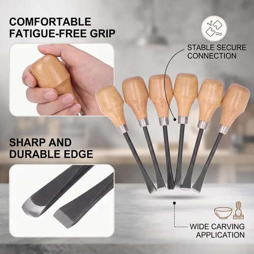Vista 3 de Juego de cinceles para tallar madera, herramientas manuales de escultura, mango hemisférico, herramientas para carpintería, accesorios