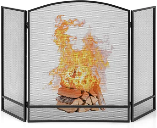 Vista 10 de Tangkula Pantalla de chimenea de 3 paneles, cubierta plegable de protección contra chispas con pergamino decorativo, puerta de chimenea