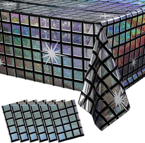 Vista 15 de Paquete de 4 manteles de plástico iridiscente brillantes desechables láser rectangulares, cubiertas de mesa, mantel de papel holográfico