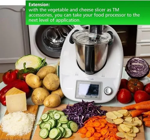 Vista 7 de Rallador multifuncional de verduras y queso, cortador grueso y fino, adecuado para Thermomix TM6, pelador de verduras, juego de acero inoxidable