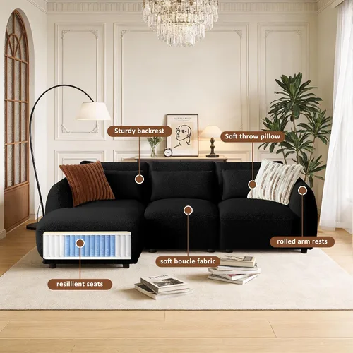 Vista 4 de Sofá seccional modular en forma de L con otomana extraíble, sofá convertible tipo nube para sala de estar, sofá pequeño cómodo para espacios Negro
