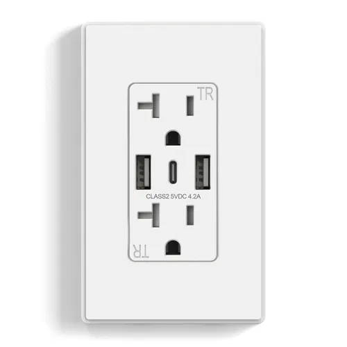 Vista 19 de ELEGRP Tomacorrientes de pared USB, Receptáculos de tomacorrientes de pared USB C de 3 puertos, tomacorrientes negro mate de 15 amperios con 3
