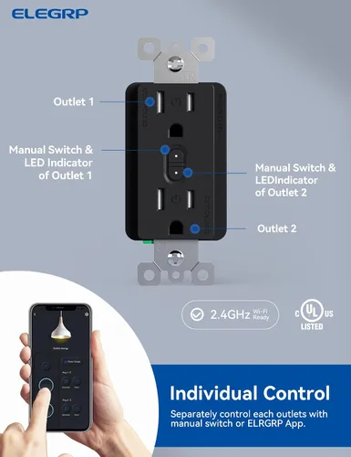 Vista 2 de ELEGRP Enchufe inteligente, toma inteligente de pared compatible con Alexa y Google Assistant, receptáculo inteligente Wi-Fi de 2.4 GHz