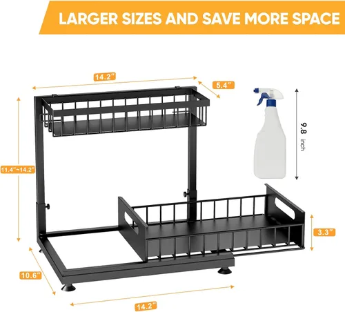 Vista 8 de Saydear Organizador de almacenamiento para debajo del fregadero, organizador de armario de cocina extraíble de 2 niveles con cajón deslizante, Negro