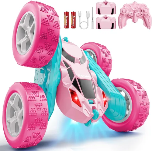 Vista 23 de Hamdol Auto de control remoto para niños, auto de acrobacias RC giratorio de 360°, vehículo eléctrico 4WD de doble cara con luces LED, autos de Azul