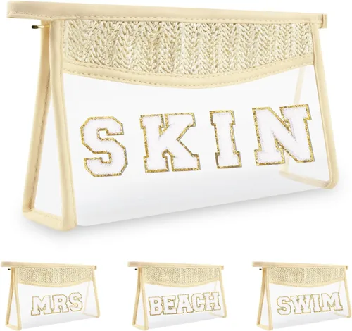 Vista 17 de Iqimott 2 bolsas de maquillaje con parches transparentes, bolsa de letras boho para nadar en la playa, bolsas de maquillaje impermeables