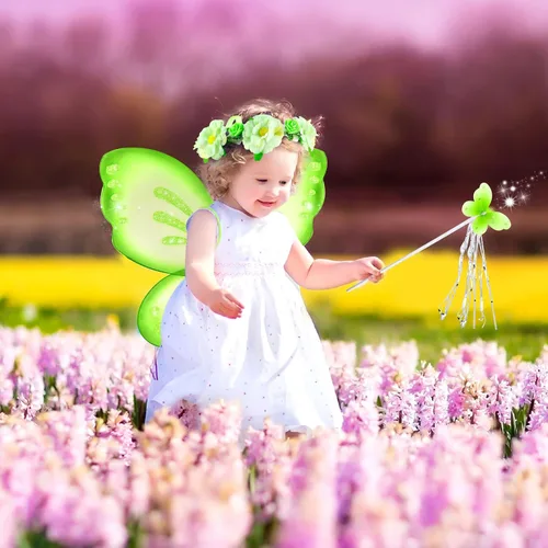 Vista 7 de Geyoga Disfraz de princesa para niños con alas de mariposa tutú varita y diadema de corona floral para niños de 3 a 8 años