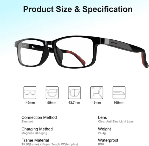 Vista 3 de GenXenon Lentes inteligentes para hombres y mujeres, lentes Bluetooth con bloqueo de luz azul con patillas extraíbles, diseño de orejas abiertas