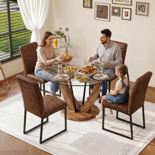 Vista 3 de Juego de mesa redonda de cristal de 5 piezas para 4, mesa de comedor moderna de 48 pulgadas con base de grano de madera, sillas tapizadas de gamuza