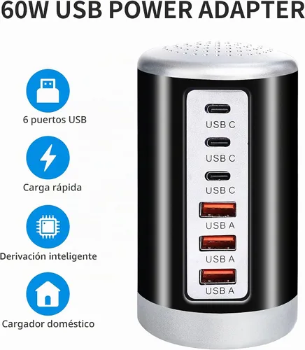 Vista 5 de Estación de carga USB de 60 W, 6 puertos (3 USB-A y 3 USB-C) compatible con iPhone 15/14/13/12/11, tabletas, teléfonos inteligentes, color negro