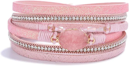 Vista 199 de FANCY SHINY - Pulsera de cuero estilo bohemio, pulsera de cuentas de cristal con cierre magnético, regalos de joyería para mujer