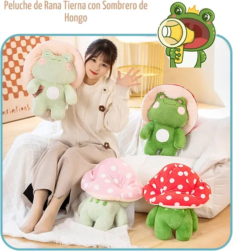 Vista 5 de Enivtfz Juguetes de peluche de rana, 10" linda rana con sombrero de hongo rojo animales de peluche, peluches kawaii, regalo para niños y niñas