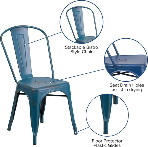 Vista 5 de Merrick Lane Banks - Silla apilable de comedor, marco de metal azul antiguo, acabado con recubrimiento en polvo envejecido, respaldo de listones