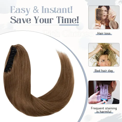 Vista 53 de Rich Choices Extensión de cola de caballo con clip de garra, cabello humano real, una pieza, extensiones de cabello largo Remy para mujer, #18P613