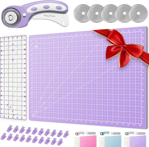 Vista 12 de Juego de cortador giratorio - Kit de acolchado incl. Cortador de tela de 45 mm, 5 cuchillas de repuesto - Ideal para manualidades, costura, parcheo