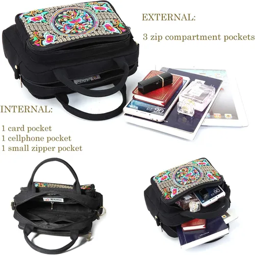 Vista 5 de Bolso bandolera de lona bordado con asa superior 3 capas