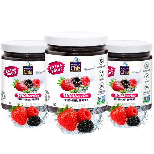 Vista 14 de World of Chia Mermelada de semillas de chía de frutas extra, mermeladas y conservas de moras, mermelada de chía súper alimentaria, totalmente