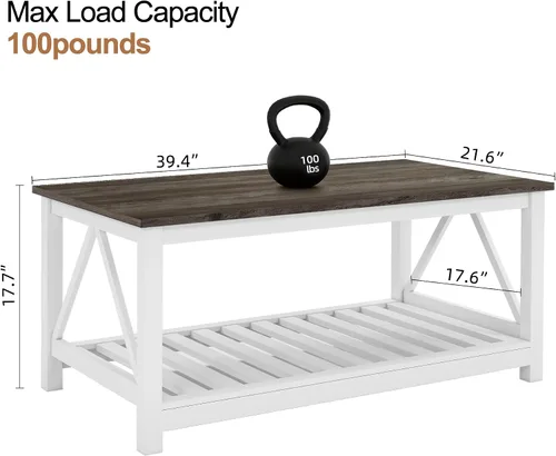 Vista 2 de Mesa de café de granja, mesa de café de roble blanco para sala de estar, mesa de centro rectangular de madera de 2 niveles con estante de listones