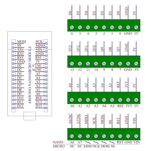 Vista 4 de Placa de módulo de ruptura de bloque de terminales de tornillo para Arduino Nano/Micro.